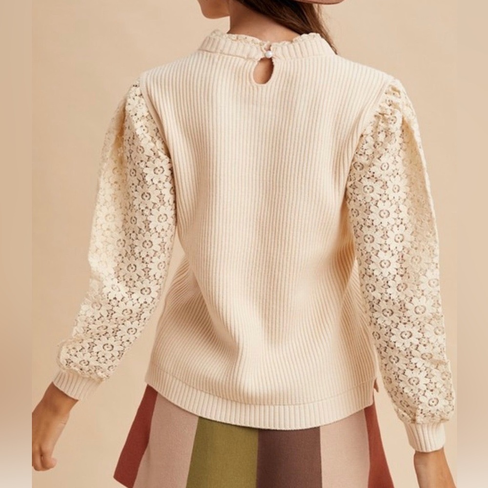 HARPER MAES Cream Floral Lace Sleeve Sweater WOMEN SIZE M - Picture 6 of 12